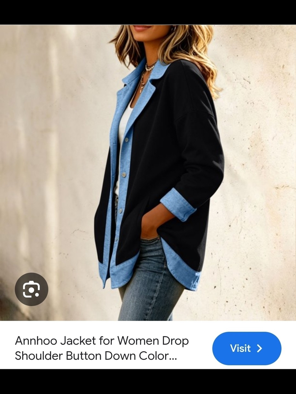 Black and Denim Blue trim Button-Down Jacket